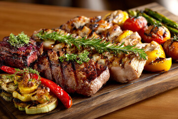 A generous platter of grilled meats and vegetables served on a wooden board with fresh herbs
