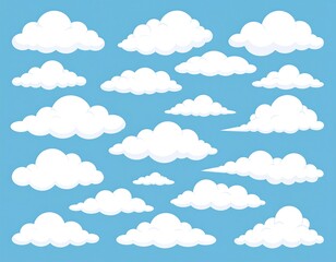 A collection of various fluffy, white clouds against a clean, light blue sky. Different shapes and sizes are depicted