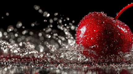 Vibrant Red Cherry with Water Splashes and Bokeh Background for Food Photography, Beverage Ads, or Fruit-themed Designs