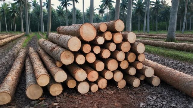 Agarwood harvest log stack field edge aerial dolly-in