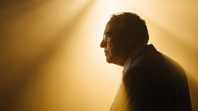 An elderly man gazes intently in profile, bathed in ethereal golden light. His suit suggests wisdom, experience, and the gravitas of age. A moment of quiet contemplation.