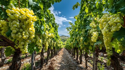 Vineyard rows stretch into the distance with lush green grape leaves and bunches of white grapes under a blue sky in a winery concept.