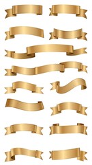 A collection of various golden ribbon banners, each with unique shapes and folds, suitable for decorative purposes