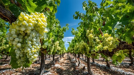 Vineyard rows stretch into the distance with lush green grape leaves and bunches of white grapes under a blue sky in a winery concept.