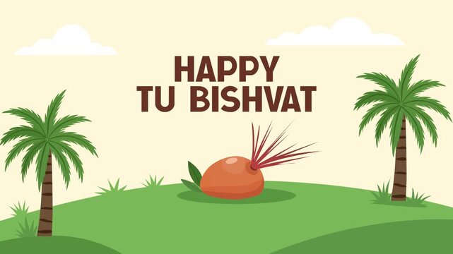  Animated Festive illustration celebrating the agricultural holiday of Tu BiShvat with trees and produce