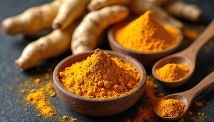 Turmeric powder in wooden bowls and spoons on dark background. Fresh turmeric root visible. Healthy cooking ingredients for recipes. Asian spice for food and medicine. Ayurveda.