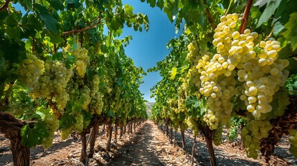 Vineyard rows stretch into the distance with lush green grape leaves and bunches of white grapes under a blue sky in a winery concept.