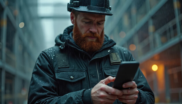 Red bearded construction worker wears hard hat in rain. Man holds, uses smartphone at job site. Checks info, manages project with mobile device during bad weather conditions. Contractor communicates,