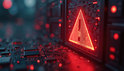 Glowing red warning triangle with exclamation mark shows on dark, intricate circuit board. Red lights illuminate detailed tech hardware, creating sense of urgency. Image indicates critical system