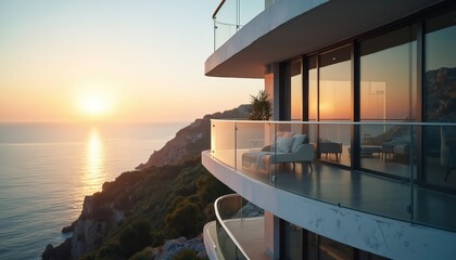 Naklejka premium Modern building features glass balconies overlooking blue sea. Golden light of setting sun reflects on ocean water, cliff. Luxe apartment terrace offers ultimate comfort. Perfect place for quiet