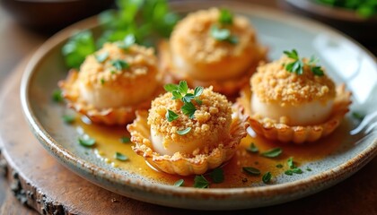 Fototapeta premium Close up view baked scallops served on plate. Gourmet seafood snack decorated with breadcrumbs and parsley. Ready delicious tasty meal. Restaurant dish. Food photography. Delicacy recipe.