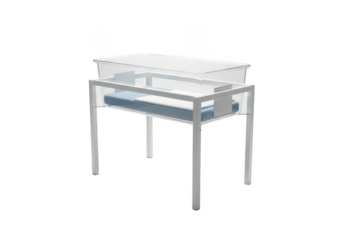 Two clear plastic infant bassinets with white metal stands isolated on transparent background