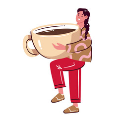 Huge coffee cup carried by smiling woman in simple cartoon doodle style with cozy warm vibe and drawn soft details. Vector illustration with smooth lines and bold rounded shapes