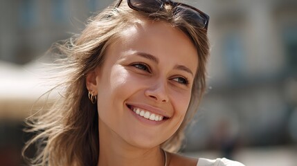 A young woman smiles joyfully her hair gently blowing in the breeze on a bright sunny day outdoors