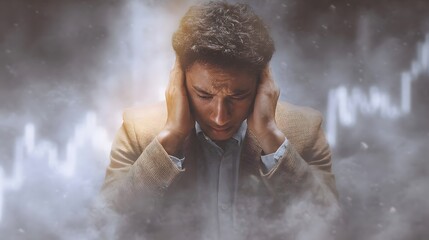 Man covering his ears overwhelmed by stress and financial market downturn enveloped in mist