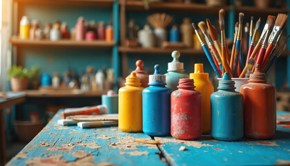 Colorful art supplies on worn blue wooden table in creative workshop. Paint bottles, brushes arranged neatly. Background shows shelves with various art materials. Scene lit by afternoon sunlight.