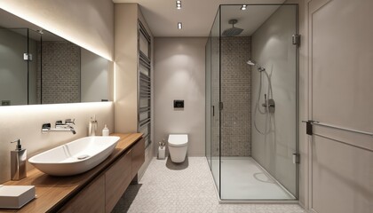 Bright modern bathroom sleek wooden floating vanity, white vessel sink, wall mounted faucet, illuminated mirror lighting. Spacious walk-in glass shower, rain head handheld spray, floating toilet,