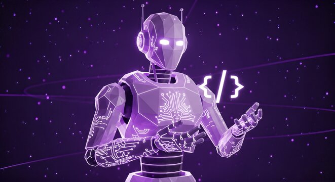 A futuristic robot displays a coding symbol in a neon setting, a concept perfect for AI programming, software development, and technology innovation