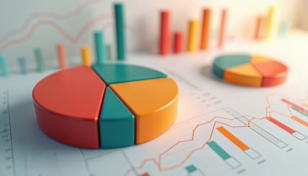 Colorful 3D pie charts and bar graphs on financial documents. Business data visualization with pie charts and bar graphs. Colorful charts and graphs on white papers.