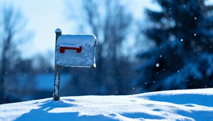 Naklejka premium Solitary Mailbox Stands Still in a Gentle Winter Snowfall
