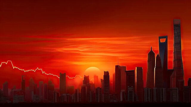 City skyline silhouette against fiery sunset sky
