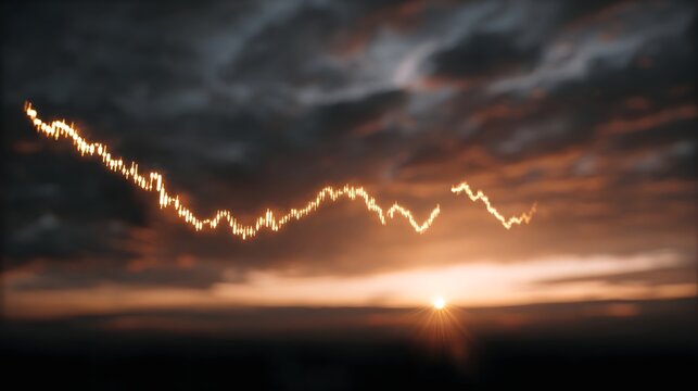 A bright jagged graph representing financial data descends dramatically through a stormy twilight sky