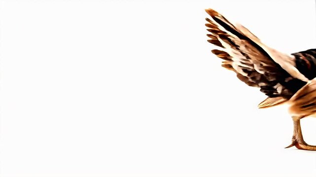 Thanksgiving holiday promotion theme. A closeup of a rooster on a white background. The rooster is captured in a side profile, showcasing its vibrant red comb and wattle.