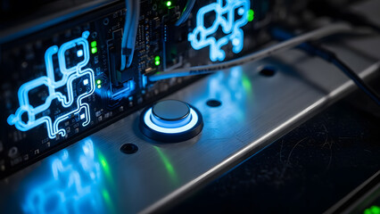 A close up shot of a data center server panel featuring a glowing blue button