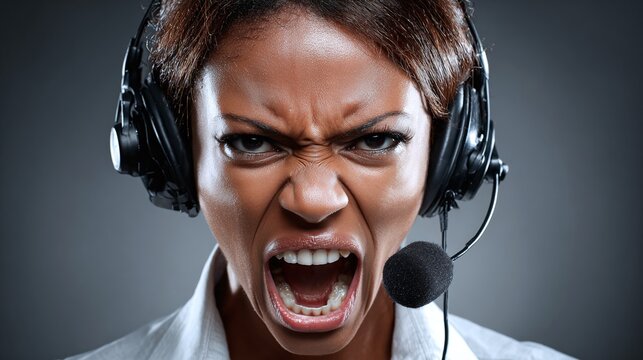 A female customer service agent with furrowed eyebrows and a determined expression, wearing a headset, portrays the challenges and intensity of her profession.