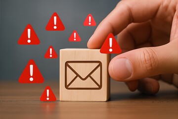 A hand places a block with envelope and warning icons, a professional concept perfect for email security, spam alerts, and digital safety