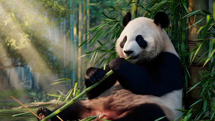 Giant panda bear sitting in a bamboo forest eating bamboo stalks with sunlight streaming through trees