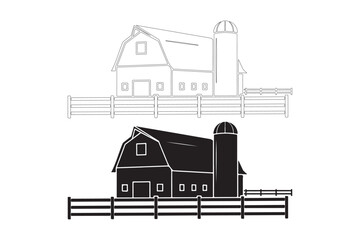 Rustic barn and silo silhouette with wooden fence illustration