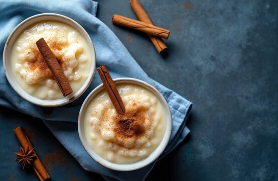 Bowls filled with rice pudding and cinnamon sticks atop a blue cloth. Dessert served in bowls is sweet dish, a tasty treat. Comfort food for breakfast, lunch or dinner.