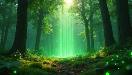 Fototapeta premium Tech meets nature in forest. Green streams, light cascade through trees. Data flow integrates into woodlands ecosystem. Forest floor shines with vibrant digital elements. Data driven nature