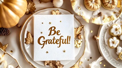 Thanksgiving holiday promotion theme. Thanksgiving table setting with be grateful card and autumnal decorations.
