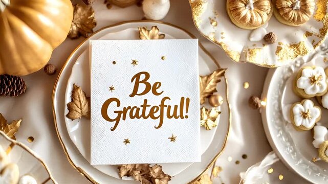 Thanksgiving holiday promotion theme. Thanksgiving table setting with be grateful card and autumnal decorations.