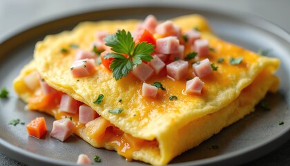 Golden fluffy omelet sits on gray plate. Filled with melted cheese, diced ham, vibrant bell peppers. Parsley garnish, extra ham cubes top delicious morning meal. Savory dish good protein breakfast