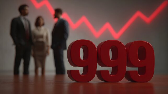 Red number 999 represents financial loss with blurred business professionals and a descending graph