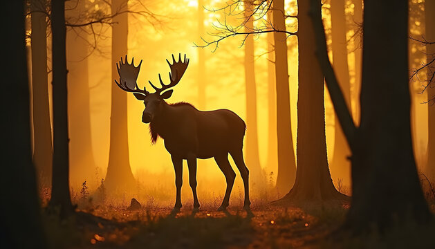 Majestic moose stands in a sunlit forest at golden hour