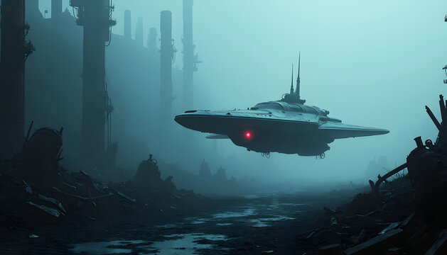 Futuristic spacecraft flies over a desolate, post-apocalyptic industrial landscape