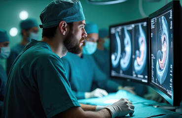 Doctor in blue scrubs carefully examines medical screens in operating room. Team of surgeons watches internal organ scan, performing tech surgery. Medical professionals execute complex diagnostic