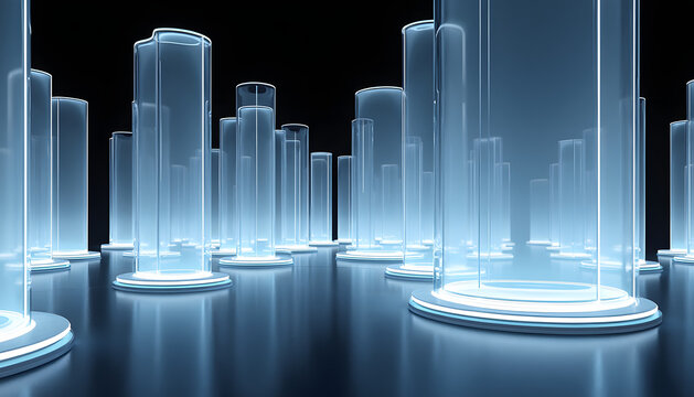 Abstract futuristic glass towers with glowing lights on a reflective surface - Powered by Adobe