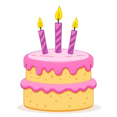 Two tier birthday cake with pink frosting and lit candles