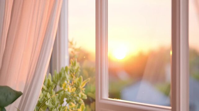 Serene window view with soft curtains and lush green plants basking in warm sunset light, creating tranquil home interior that promotes relaxation and mental well being in nature