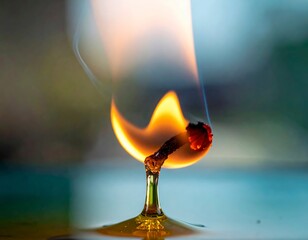 Captivating close-up of a matchstick burning intensely with a golden flame and molten wax