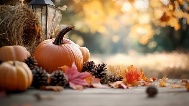 autumnal scene with pumpkins, leaves.