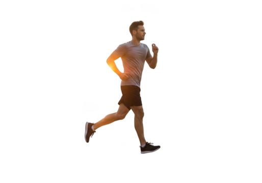 Athletic man in motion running with a determined expression isolated on transparent background