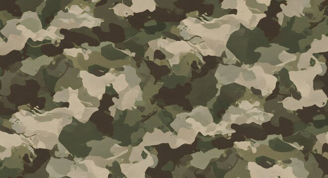 Seamless camouflage pattern featuring irregular shapes in shades of green, brown, and tan