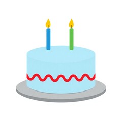 Simple blue birthday cake with two lit candles on a white background