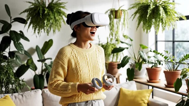 Person experiencing virtual reality immersion with handheld controllers and lush greenery